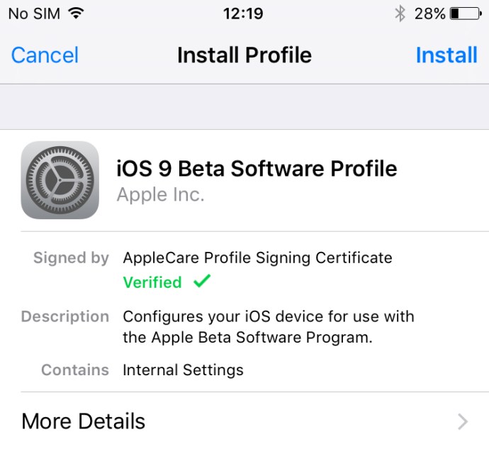 Публична бета версия на iOS 9: Инсталирайте профил