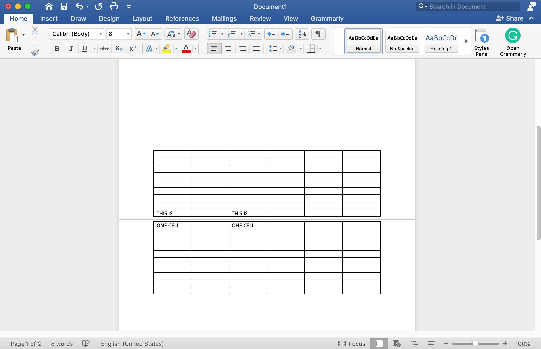 Поправяне на нежелани линии в клетка на таблица, която обхваща две страници в Word